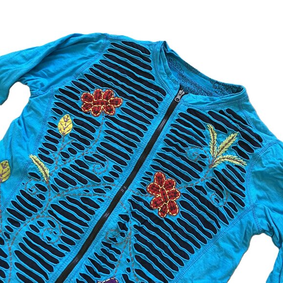 Rising International Zip Up Cardigan Jacket Reversible Blue Razorcut Applique XL - Picture 4 of 9